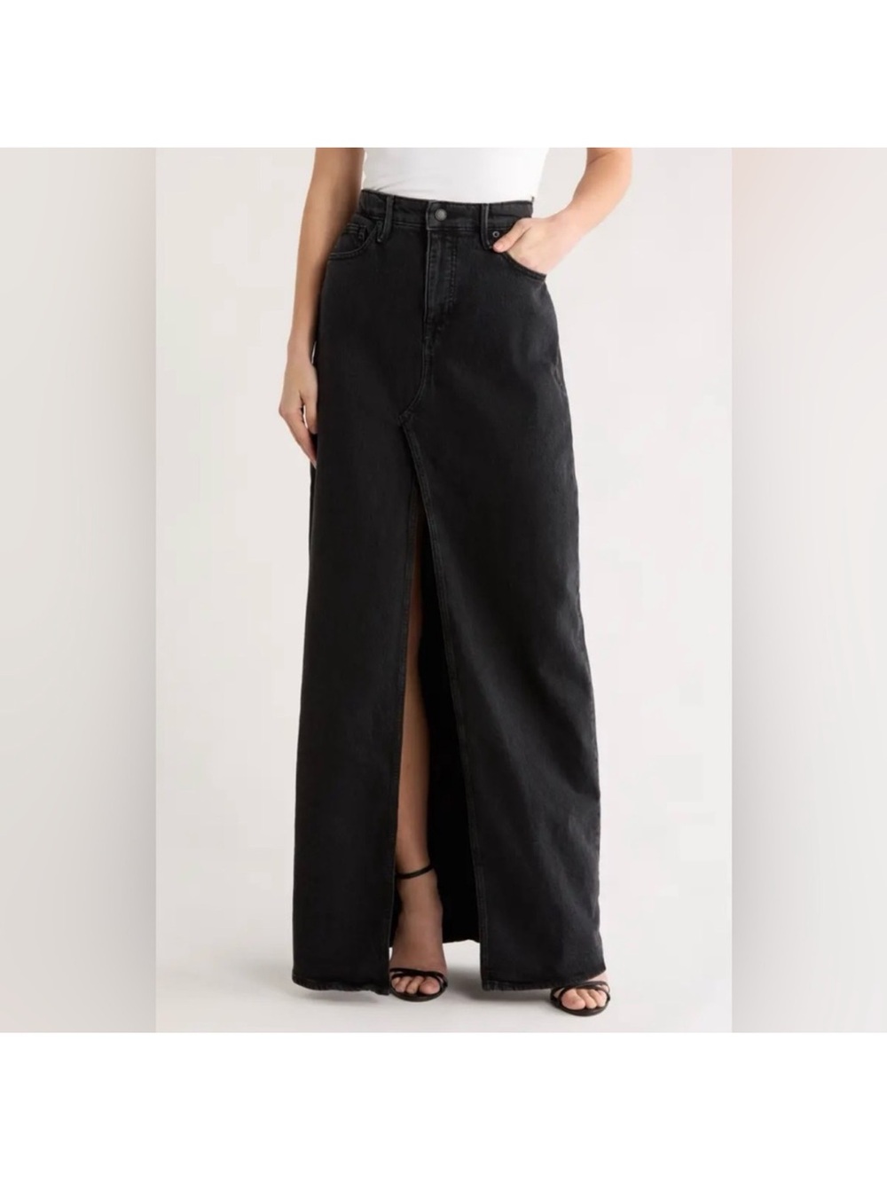 NEW Good American Ease Denim Maxi Skirt Slit Front Black 4 27